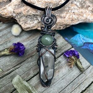 Oxidized Wire Wrapped Clear Quartz Crystal Point Green Aventurine Pendant